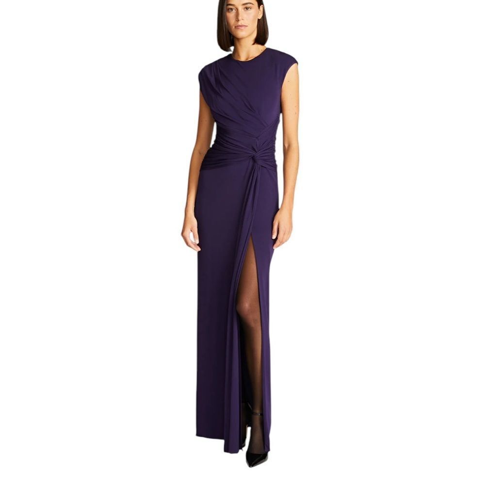 Halston Deep Purple Stretchy Pleated Long Gown| 2